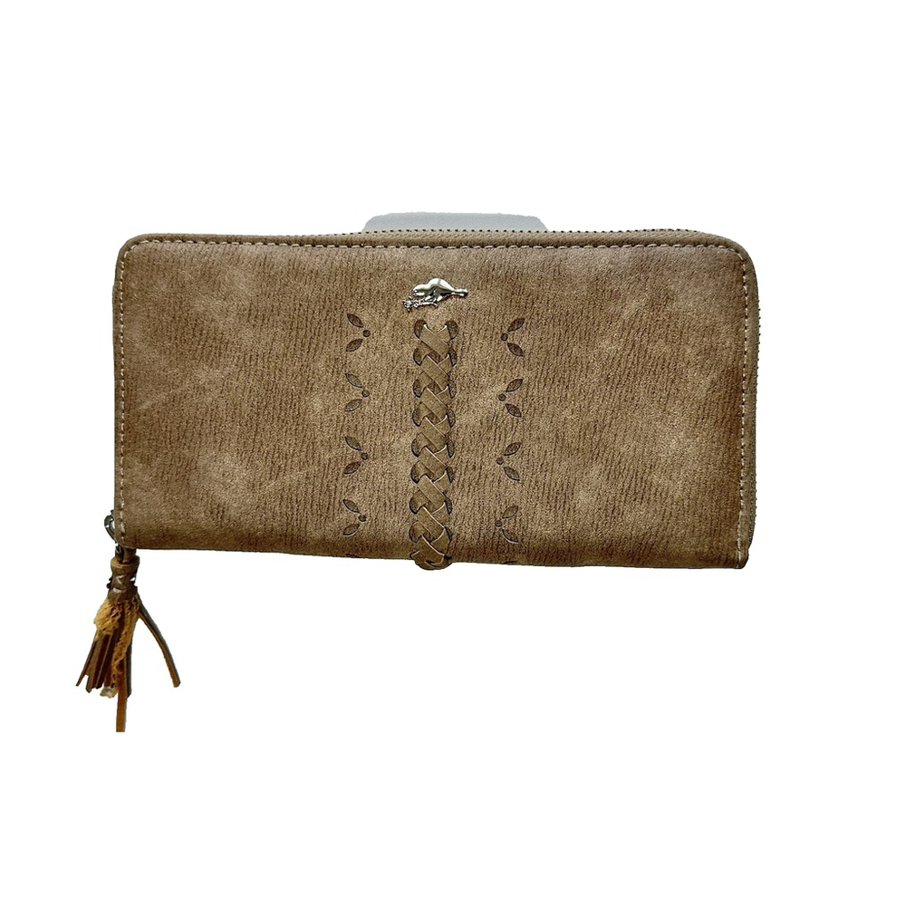 Roots RFID Tan Faux Suede Braided Zip Around Rectangular Wallet 7.5 x 4 Inch